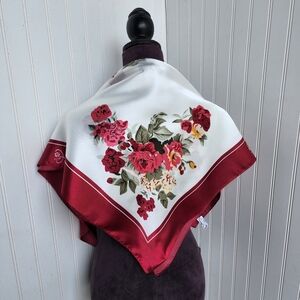NWT Floral Vase Silky Satin Square Scarf Burgundy Red White Flowers Square 33"